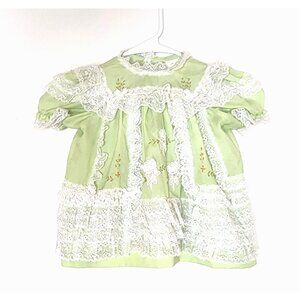 Vintage Green Lace Trimmed Infant Party Dress No Size Tag Lace Panty